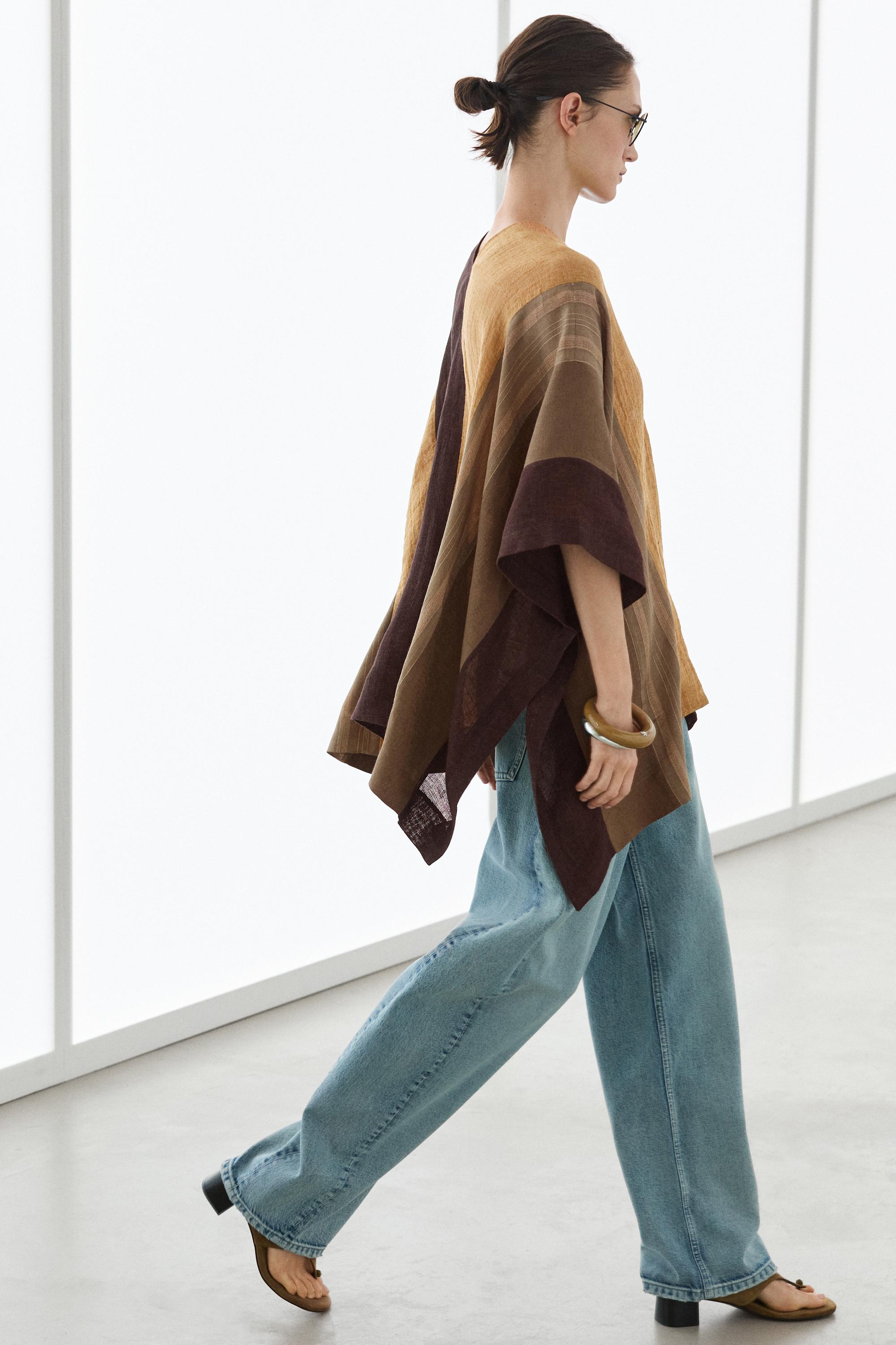 Flowing striped linen blend cape